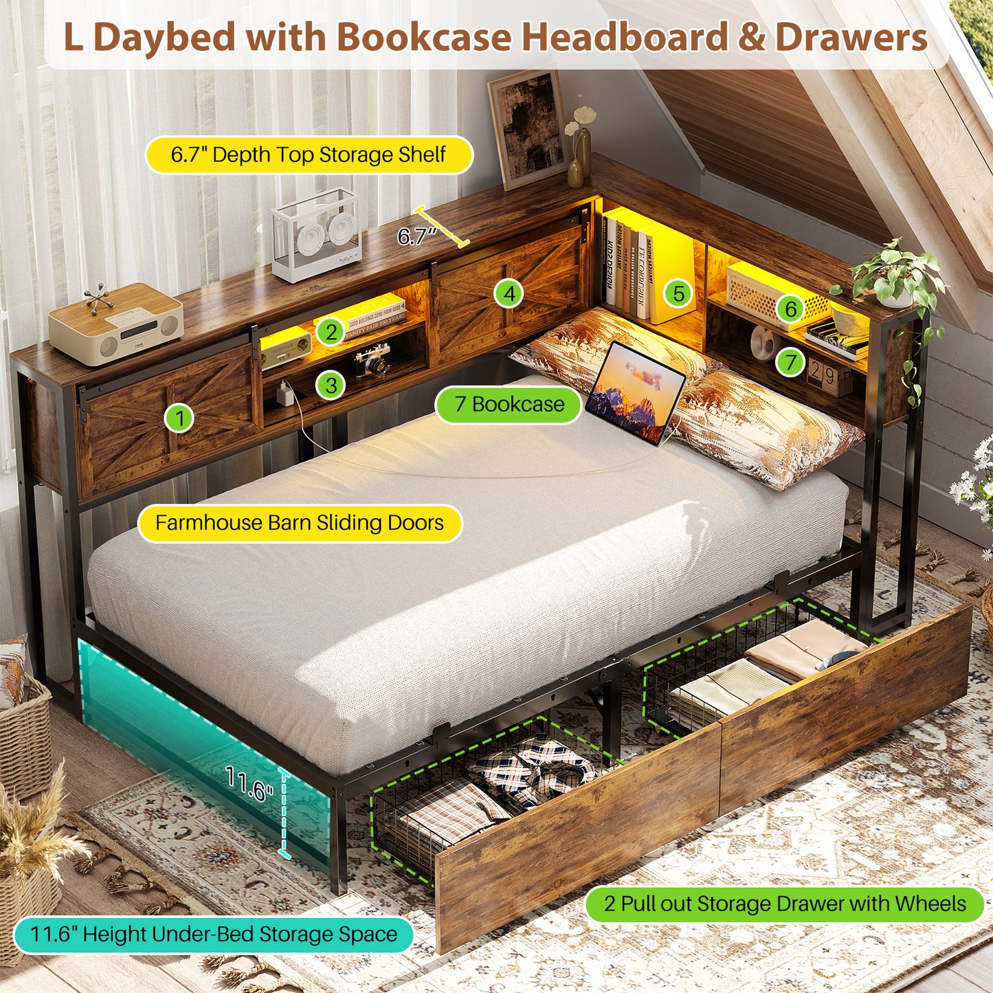 Corner Bed Frame with 2 Drawers, Farmhouse Heavy Duty Daybed with Bookcase Storage