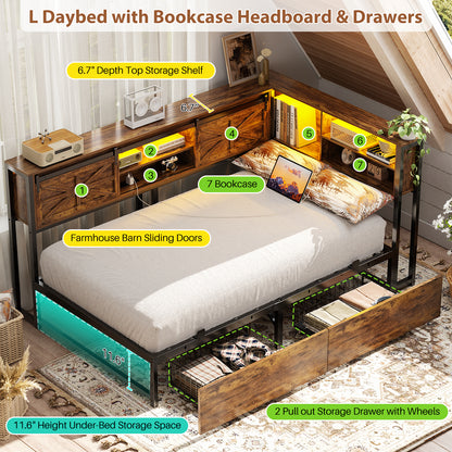 Corner Bed Frame with 2 Drawers, Farmhouse Heavy Duty Daybed with Bookcase Storage
