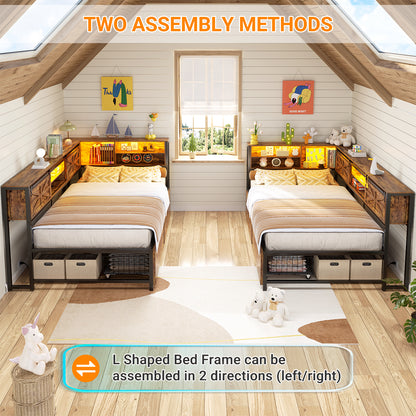Corner Bed Frame with 2 Drawers, Farmhouse Heavy Duty Daybed with Bookcase Storage