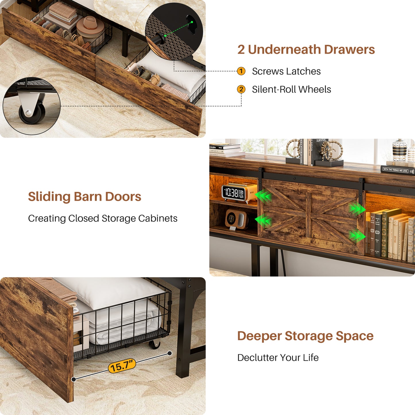 Corner Bed Frame with 2 Drawers, Farmhouse Heavy Duty Daybed with Bookcase Storage