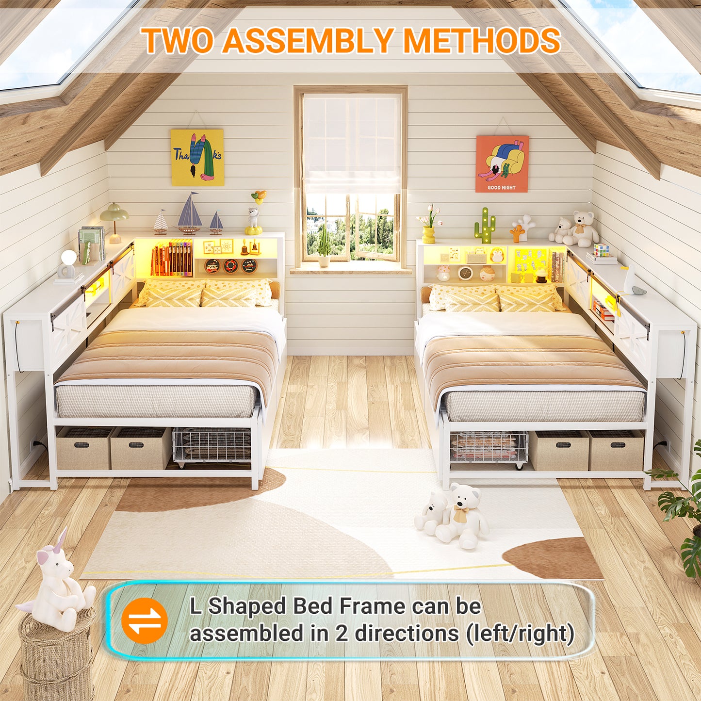 Corner Bed Frame with 2 Drawers, Farmhouse Heavy Duty Daybed with Bookcase Storage
