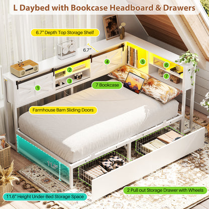 Corner Bed Frame with 2 Drawers, Farmhouse Heavy Duty Daybed with Bookcase Storage