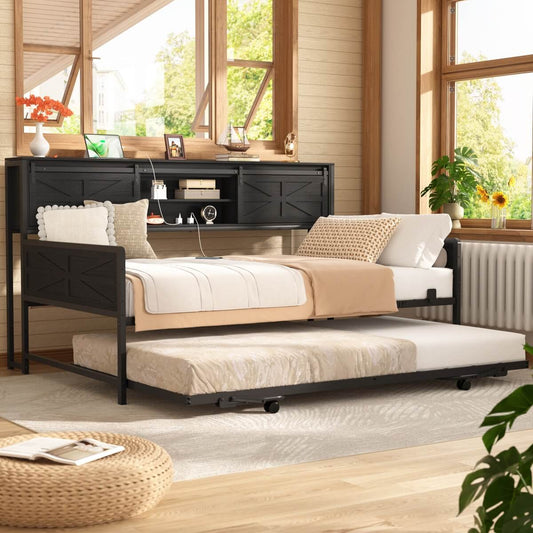 Farmhouse Style Twin Size Daybed with Pop-up Trundle & Storage Headboard, Built in Power Outlets