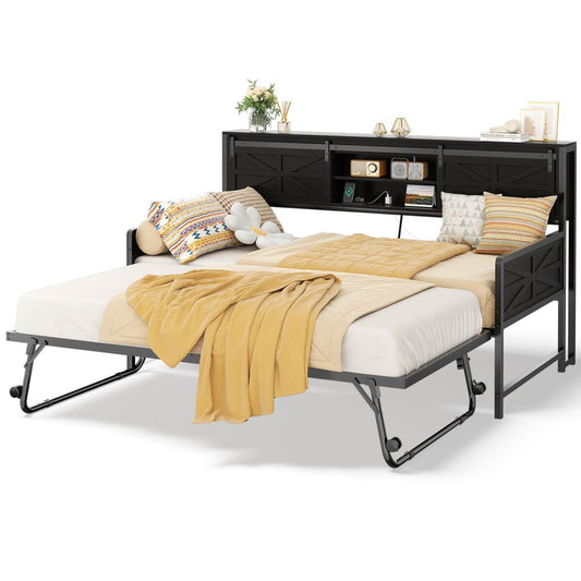 Farmhouse Style Twin Size Daybed with Pop-up Trundle & Storage Headboard, Built in Power Outlets