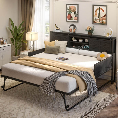 Farmhouse Style Twin Size Daybed with Pop-up Trundle & Storage Headboard, Built in Power Outlets