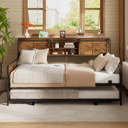 Farmhouse Style Twin Size Daybed with Pop-up Trundle & Storage Headboard, Built in Power Outlets