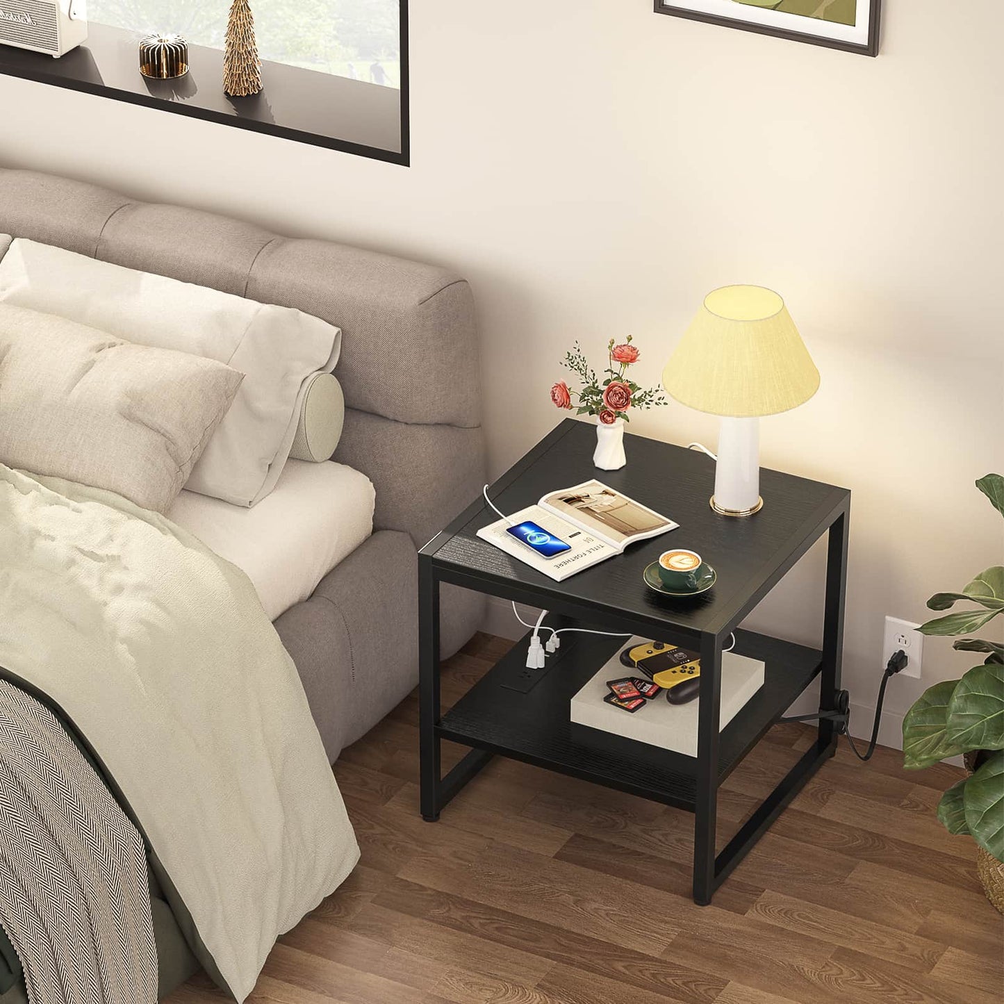 20'' Wide 2-Tier Square End Table with USB Ports and AC Ports