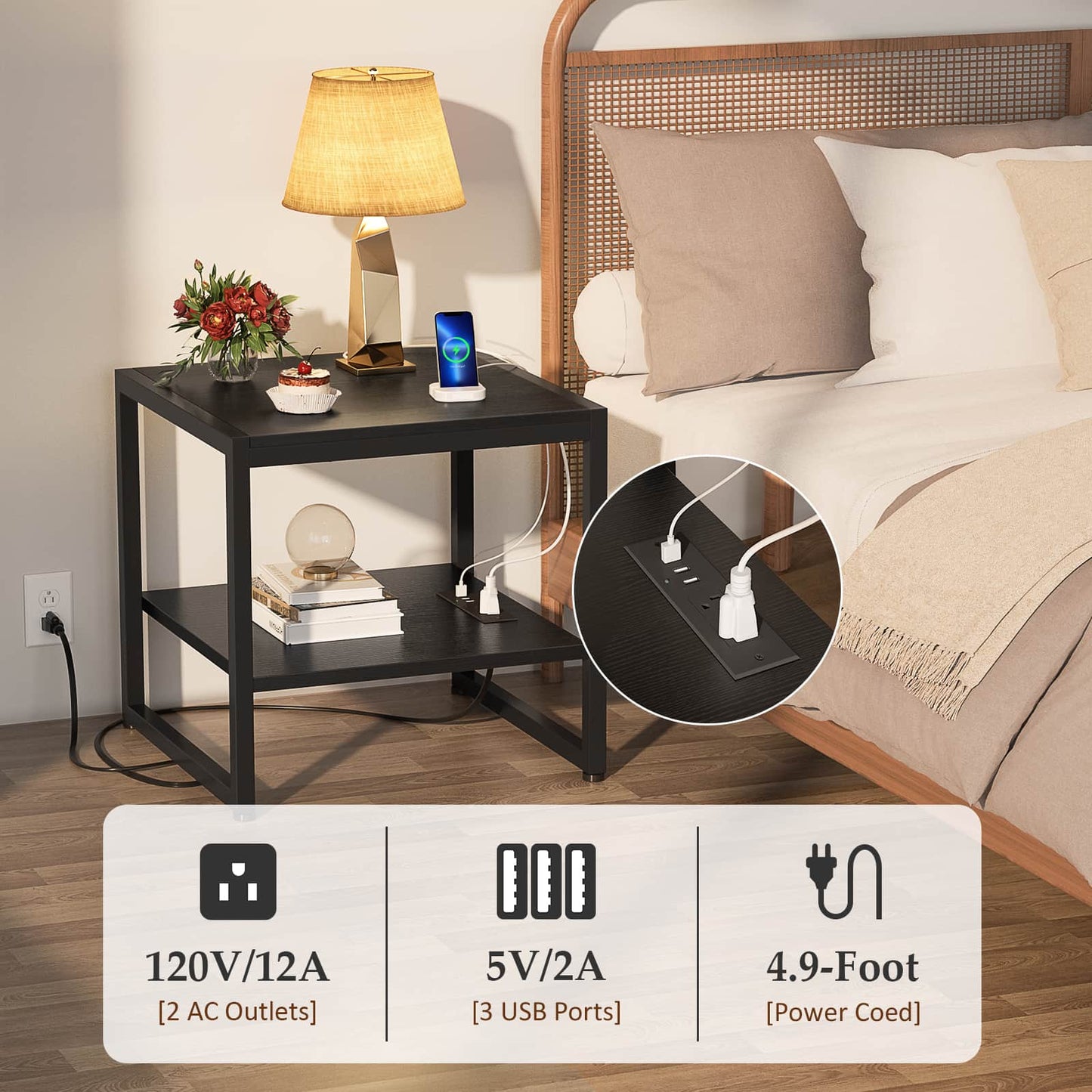 20'' Wide 2-Tier Square End Table with USB Ports and AC Ports