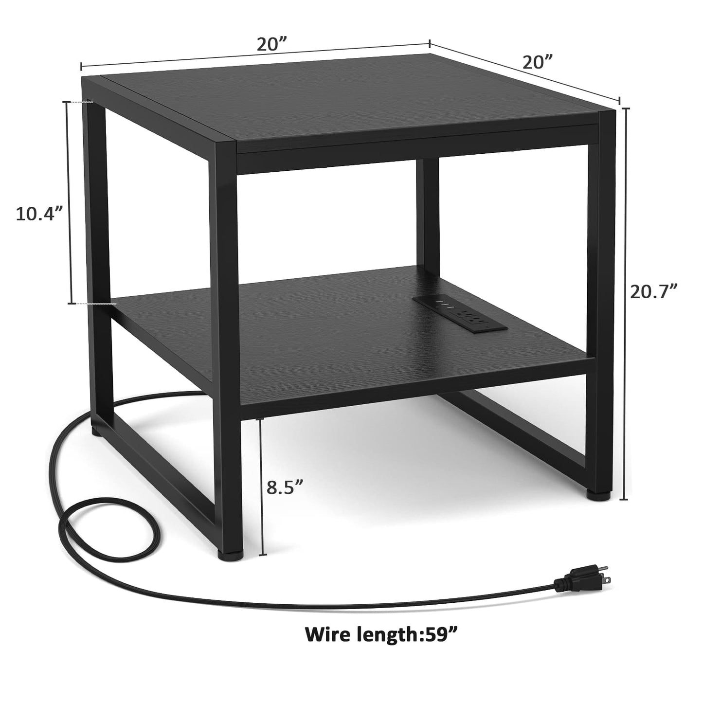 20'' Wide 2-Tier Square End Table with USB Ports and AC Ports