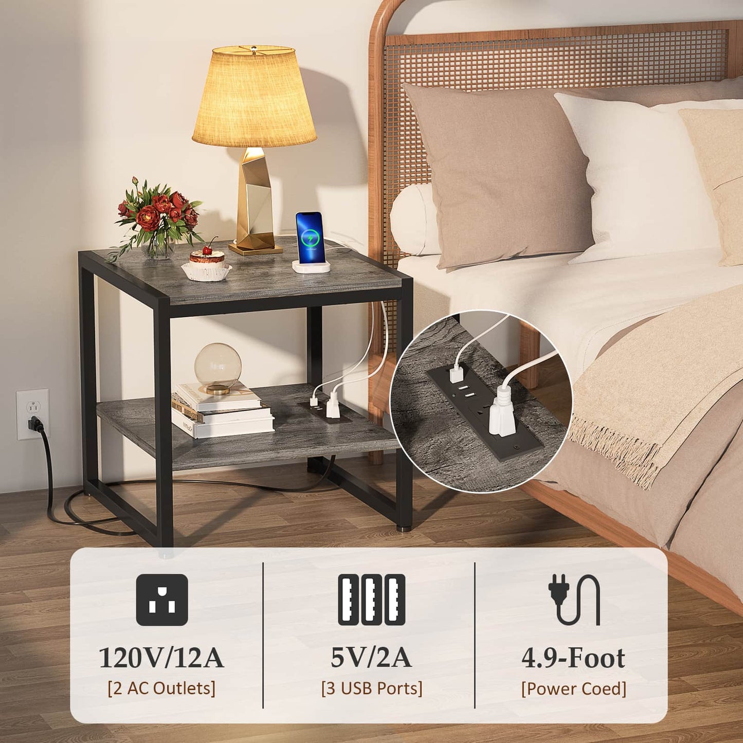 20'' Wide 2-Tier Square End Table with USB Ports and AC Ports