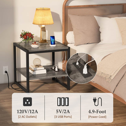 20'' Wide 2-Tier Square End Table with USB Ports and AC Ports