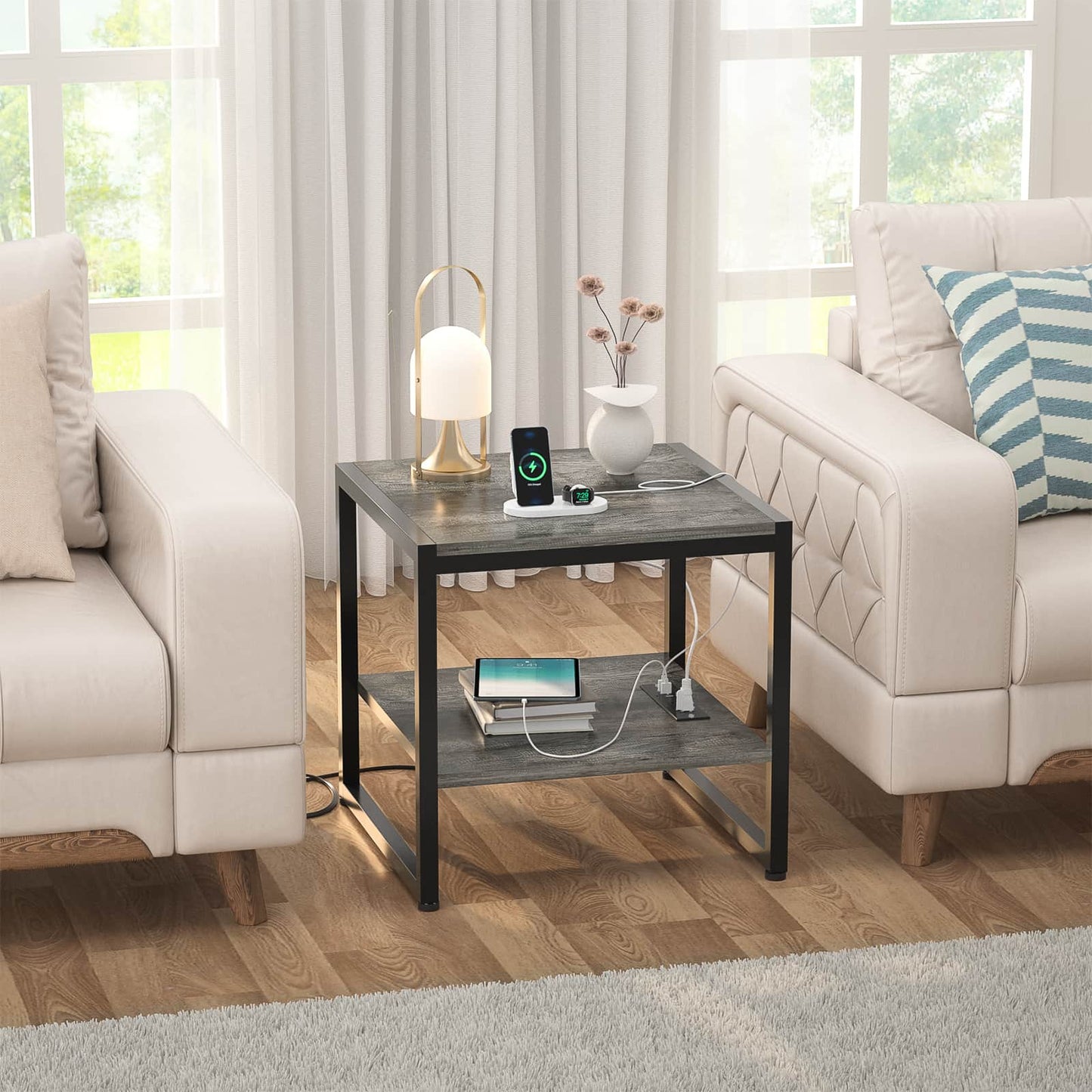 20'' Wide 2-Tier Square End Table with USB Ports and AC Ports