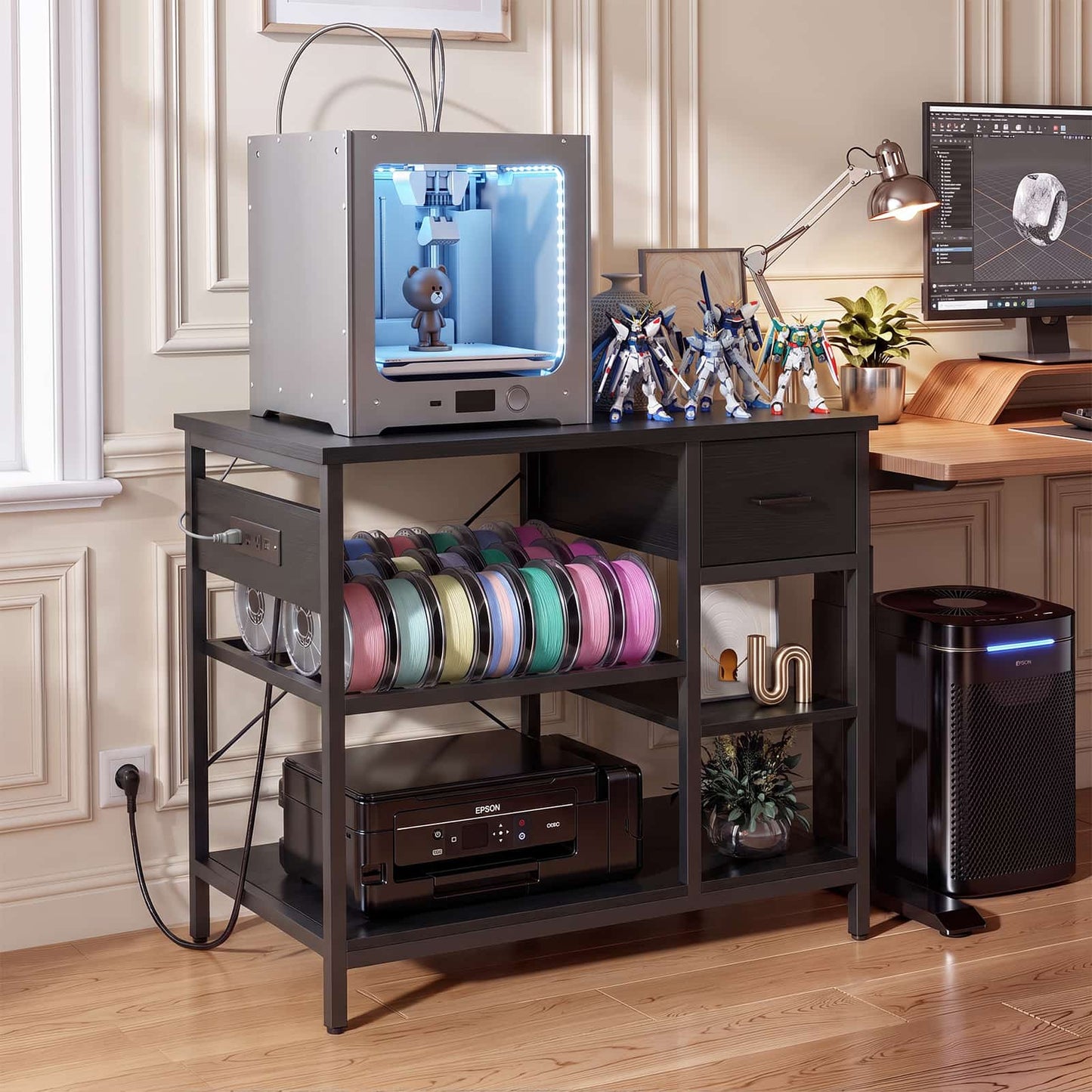3D Printer Stand with Filament Starage and Charging Station, 3-Tier 3D Printer Tabel with Fabric Drawer