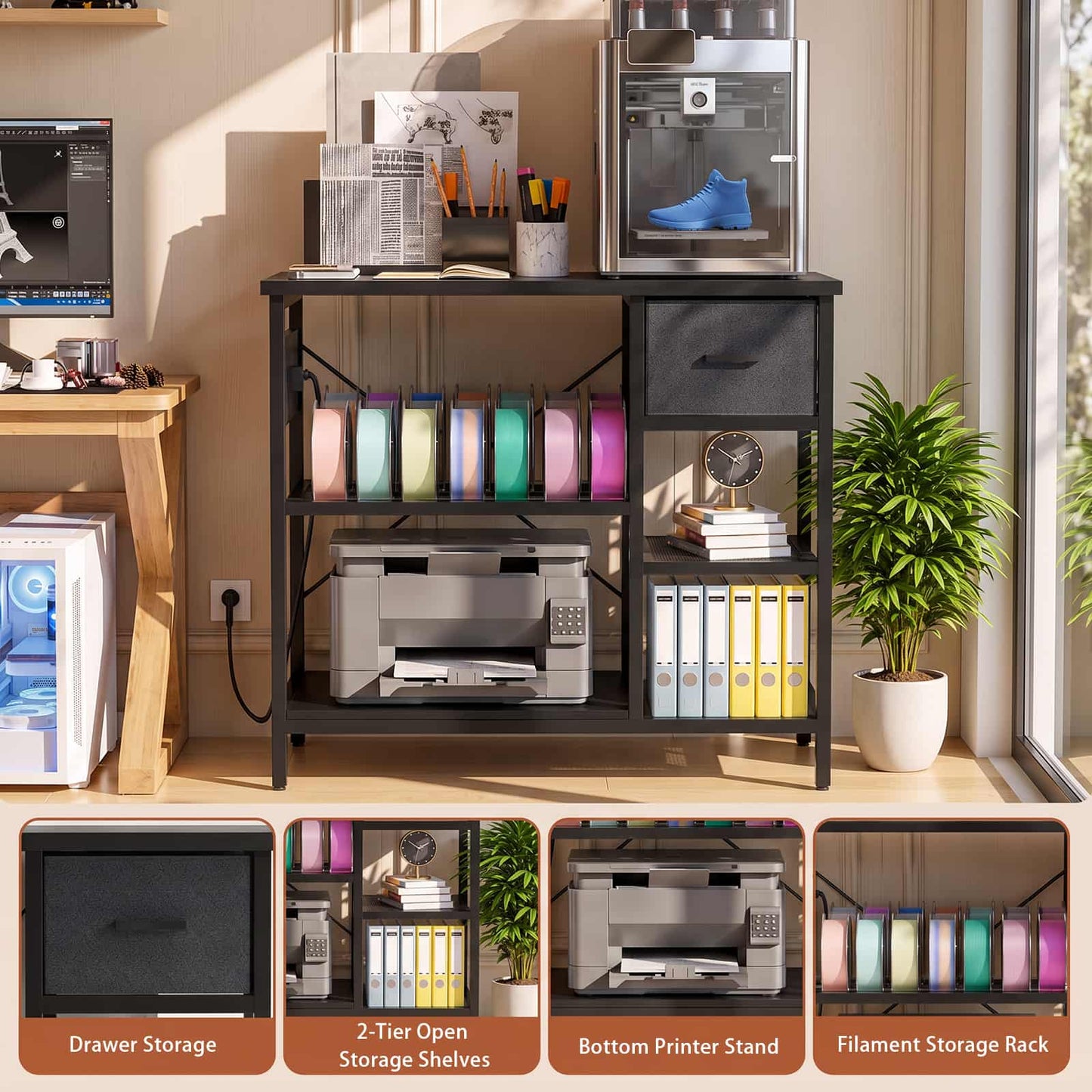 3D Printer Stand with Filament Starage and Charging Station, 3-Tier 3D Printer Tabel with Fabric Drawer