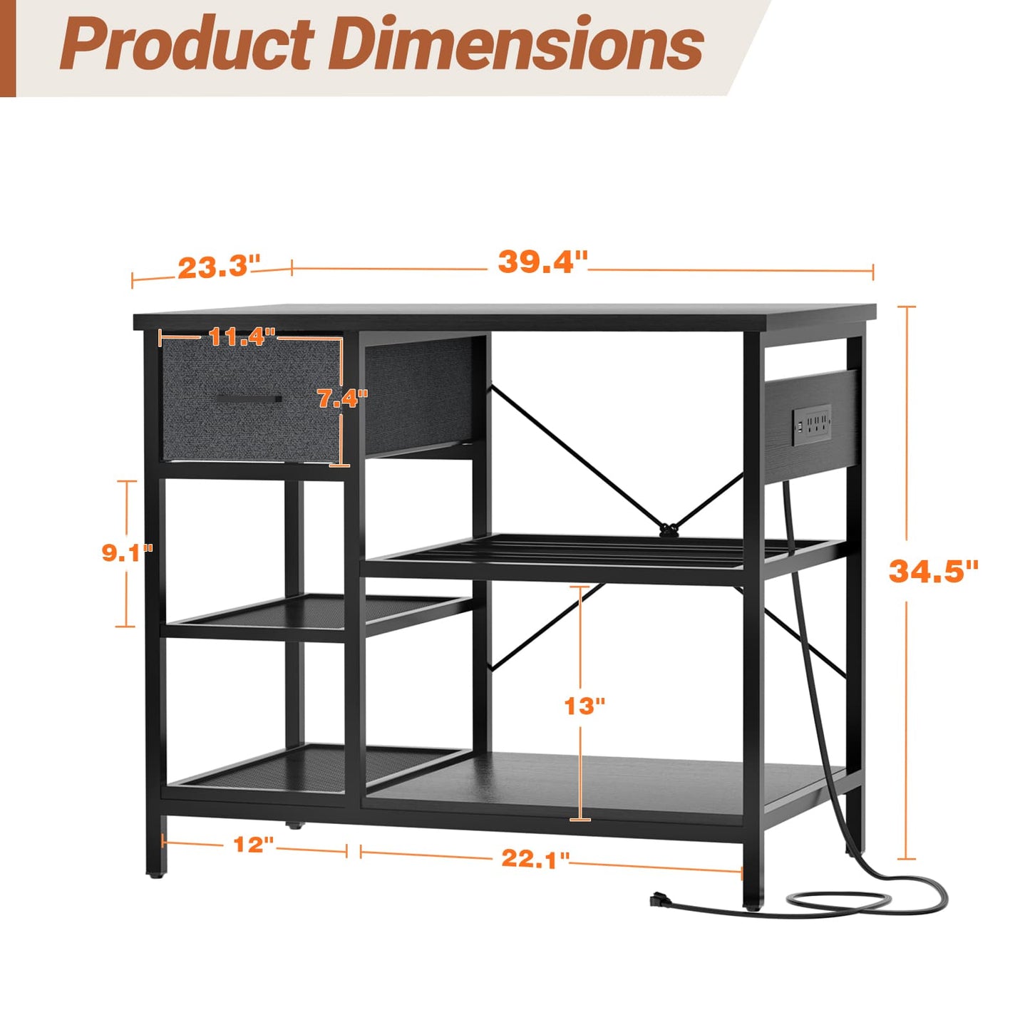 3D Printer Stand with Filament Starage and Charging Station, 3-Tier 3D Printer Tabel with Fabric Drawer