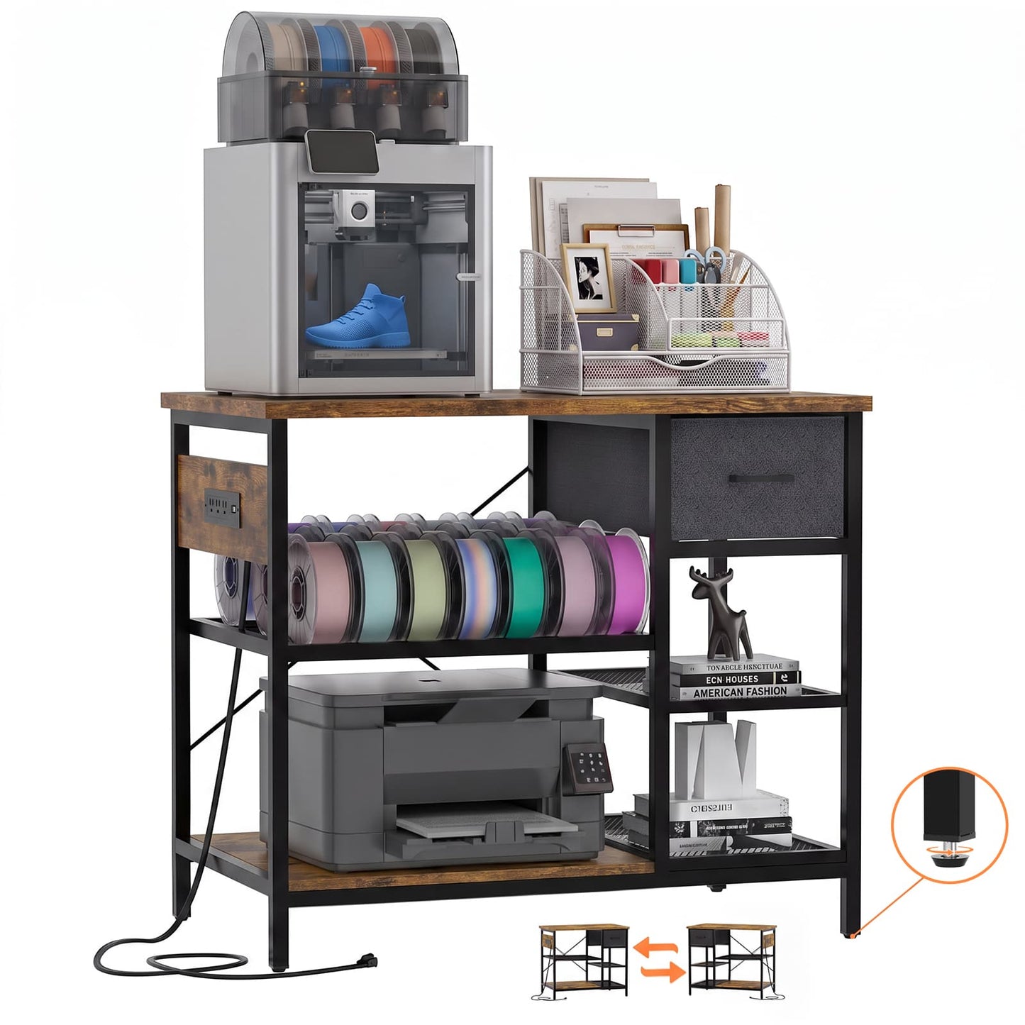 3D Printer Stand with Filament Starage and Charging Station, 3-Tier 3D Printer Tabel with Fabric Drawer