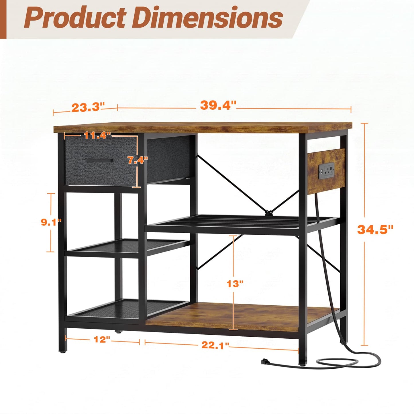 3D Printer Stand with Filament Starage and Charging Station, 3-Tier 3D Printer Tabel with Fabric Drawer