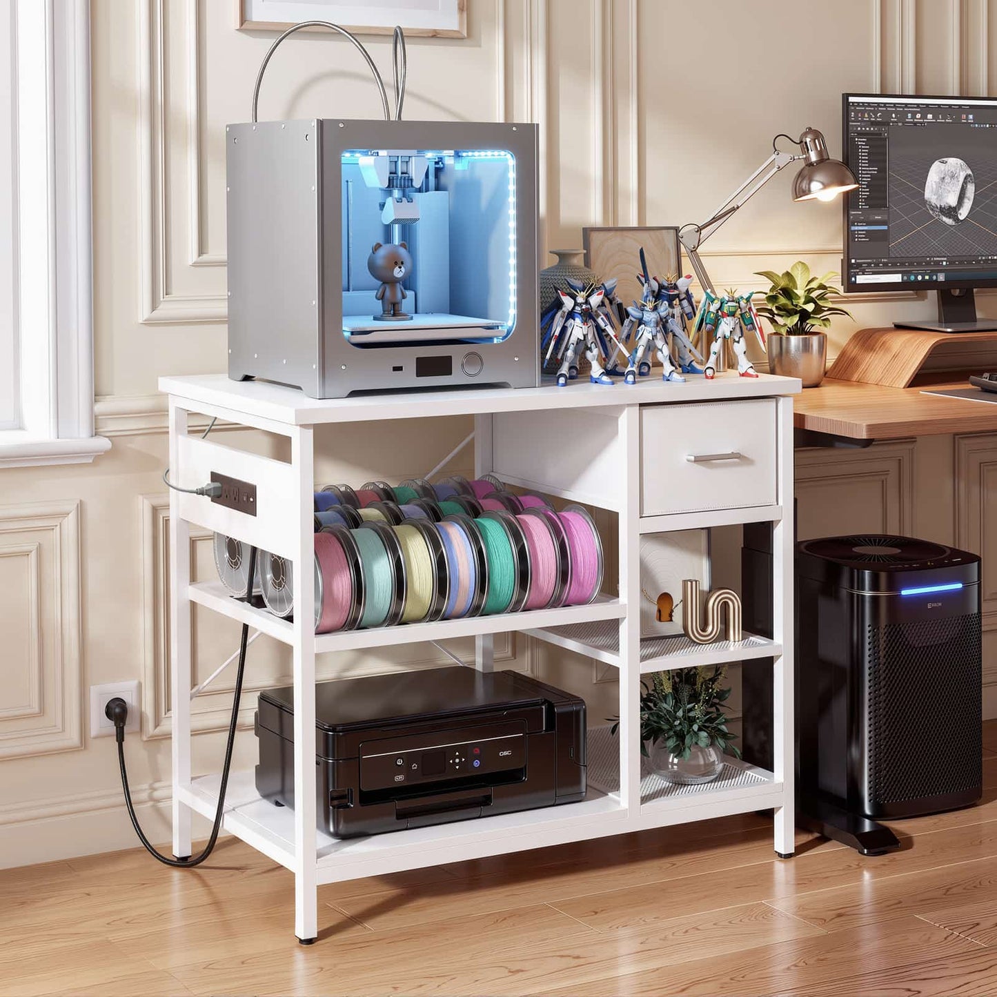 3D Printer Stand with Filament Starage and Charging Station, 3-Tier 3D Printer Tabel with Fabric Drawer