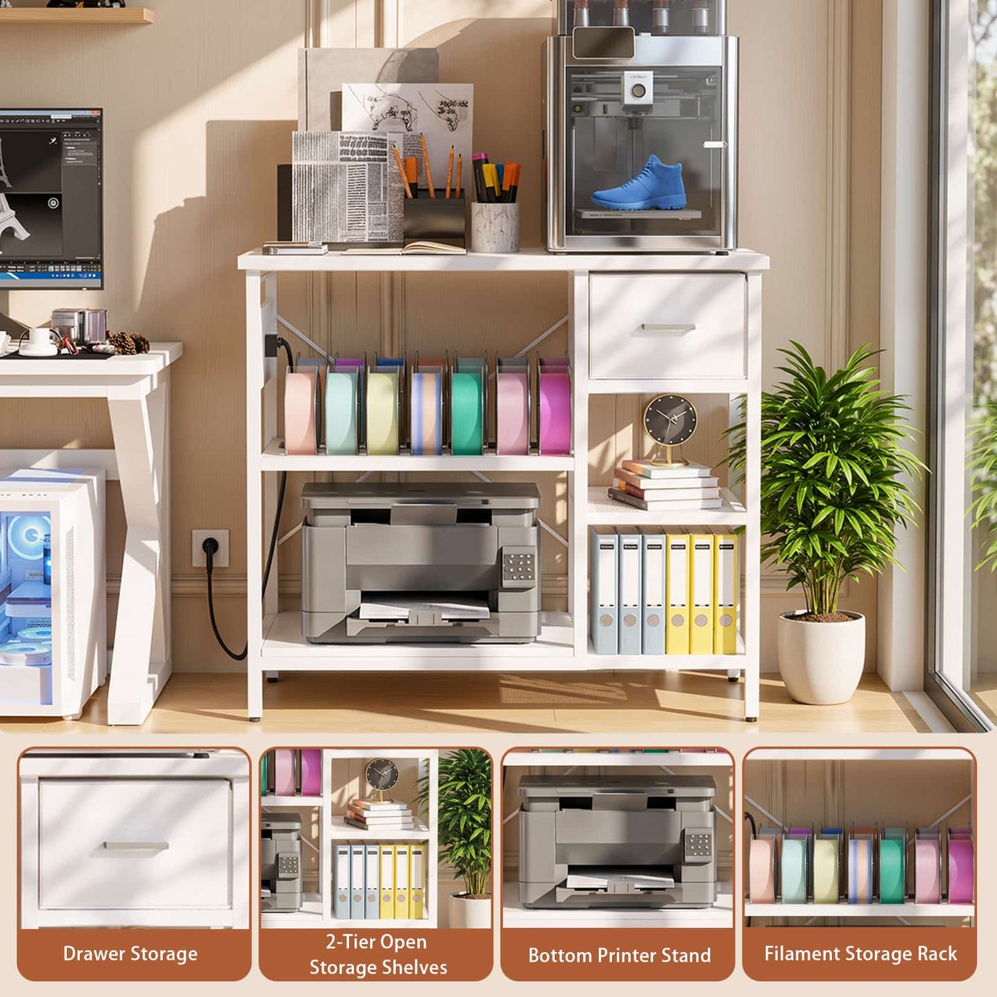 3D Printer Stand with Filament Starage and Charging Station, 3-Tier 3D Printer Tabel with Fabric Drawer
