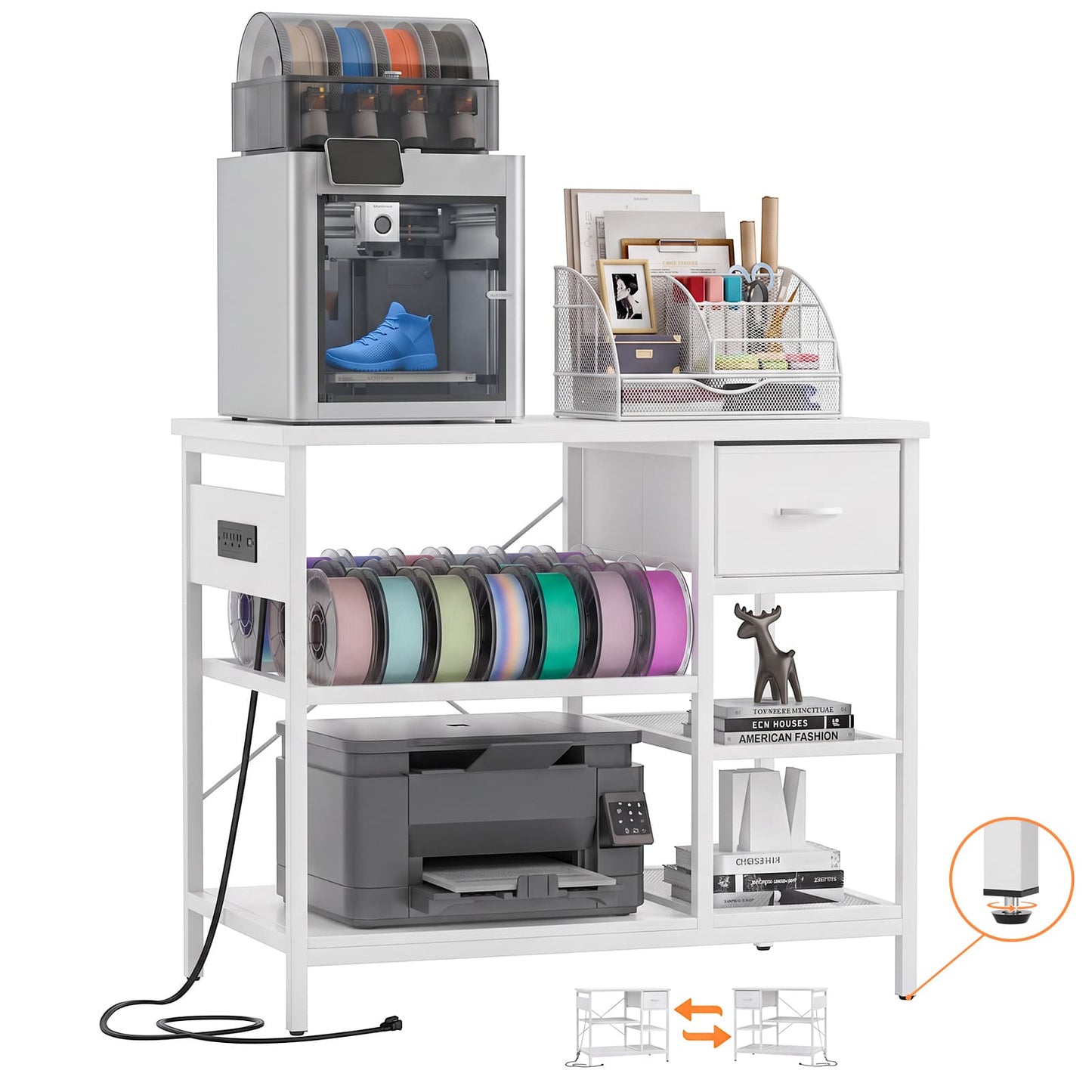 3D Printer Stand with Filament Starage and Charging Station, 3-Tier 3D Printer Tabel with Fabric Drawer