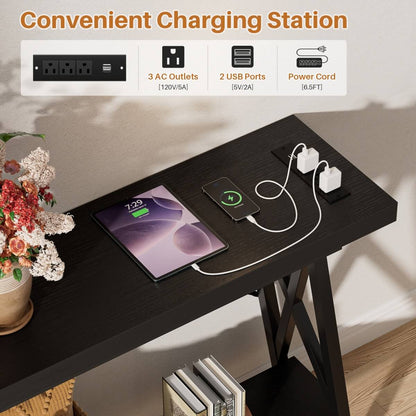 70.9'' Industrial Extra Long Console Table with Charging Station & Storage Shelf