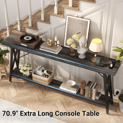 70.9'' Industrial Extra Long Console Table with Charging Station & Storage Shelf