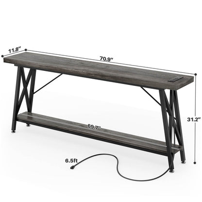 70.9'' Industrial Extra Long Console Table with Charging Station & Storage Shelf