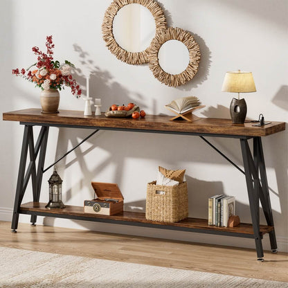 70.9'' Industrial Extra Long Console Table with Charging Station & Storage Shelf