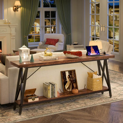 70.9'' Industrial Extra Long Console Table with Charging Station & Storage Shelf