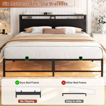 King Size Metal Platform Bed Frame with Headboard, Power Outlet, LED Lights