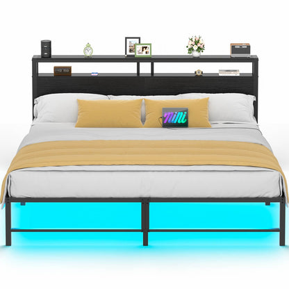 King Size Metal Platform Bed Frame with Headboard, Power Outlet, LED Lights