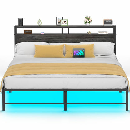 King Size Metal Platform Bed Frame with Headboard, Power Outlet, LED Lights