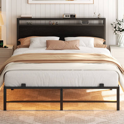 Queen Size Metal Platform Bed Frame with Headboard, Power Outlet, LED Lights