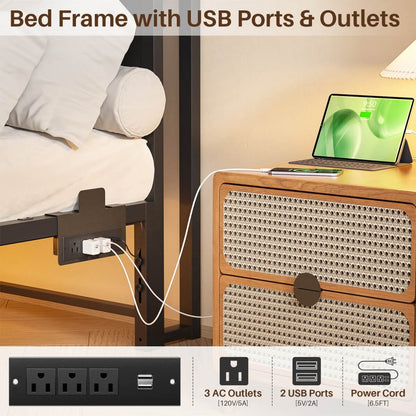 Queen Size Metal Platform Bed Frame with Headboard, Power Outlet, LED Lights