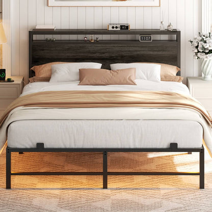 Queen Size Metal Platform Bed Frame with Headboard, Power Outlet, LED Lights