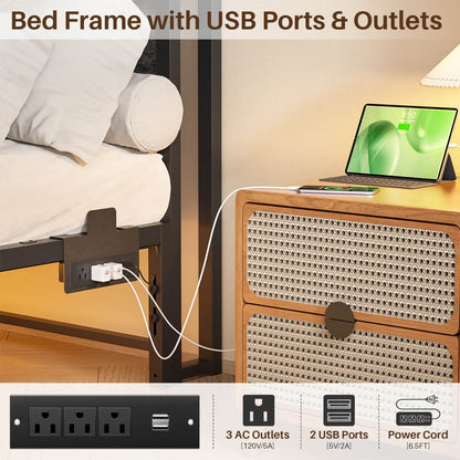 Queen Size Metal Platform Bed Frame with Headboard, Power Outlet, LED Lights