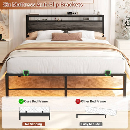 Queen Size Metal Platform Bed Frame with Headboard, Power Outlet, LED Lights