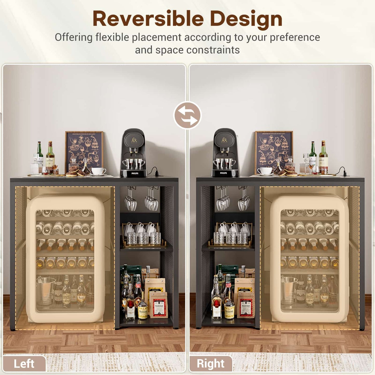 Small Wine Bar Cabinet with Mini Fridge Space and Power Outlet