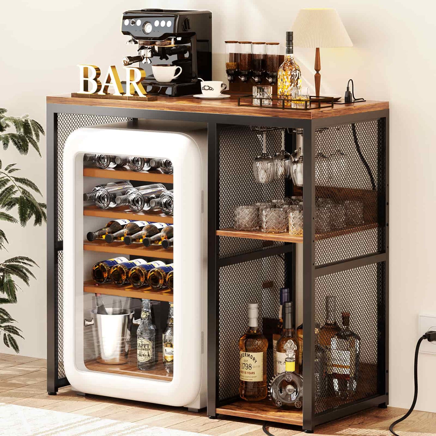 Small Wine Bar Cabinet with Mini Fridge Space and Power Outlet