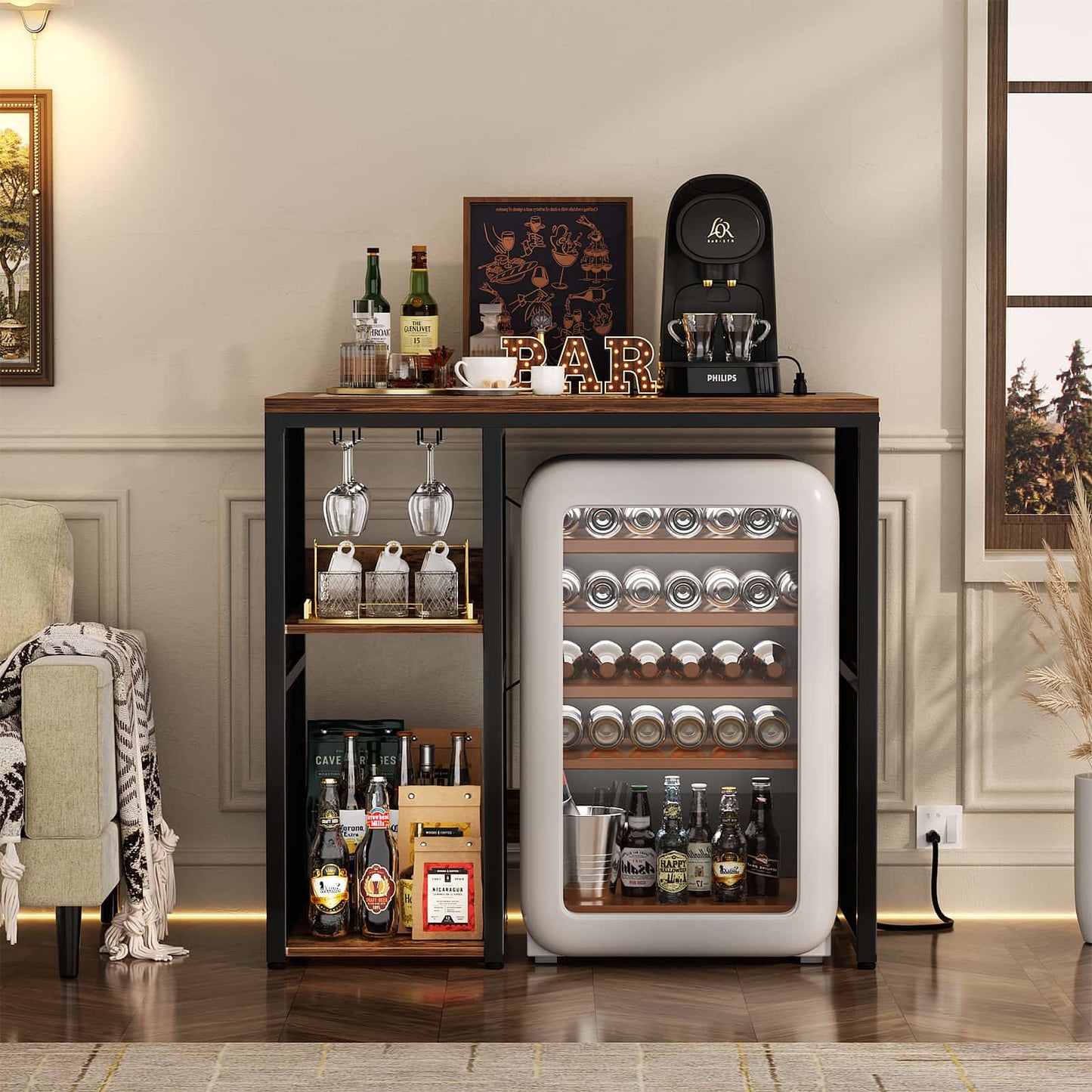 Small Wine Bar Cabinet with Mini Fridge Space and Power Outlet