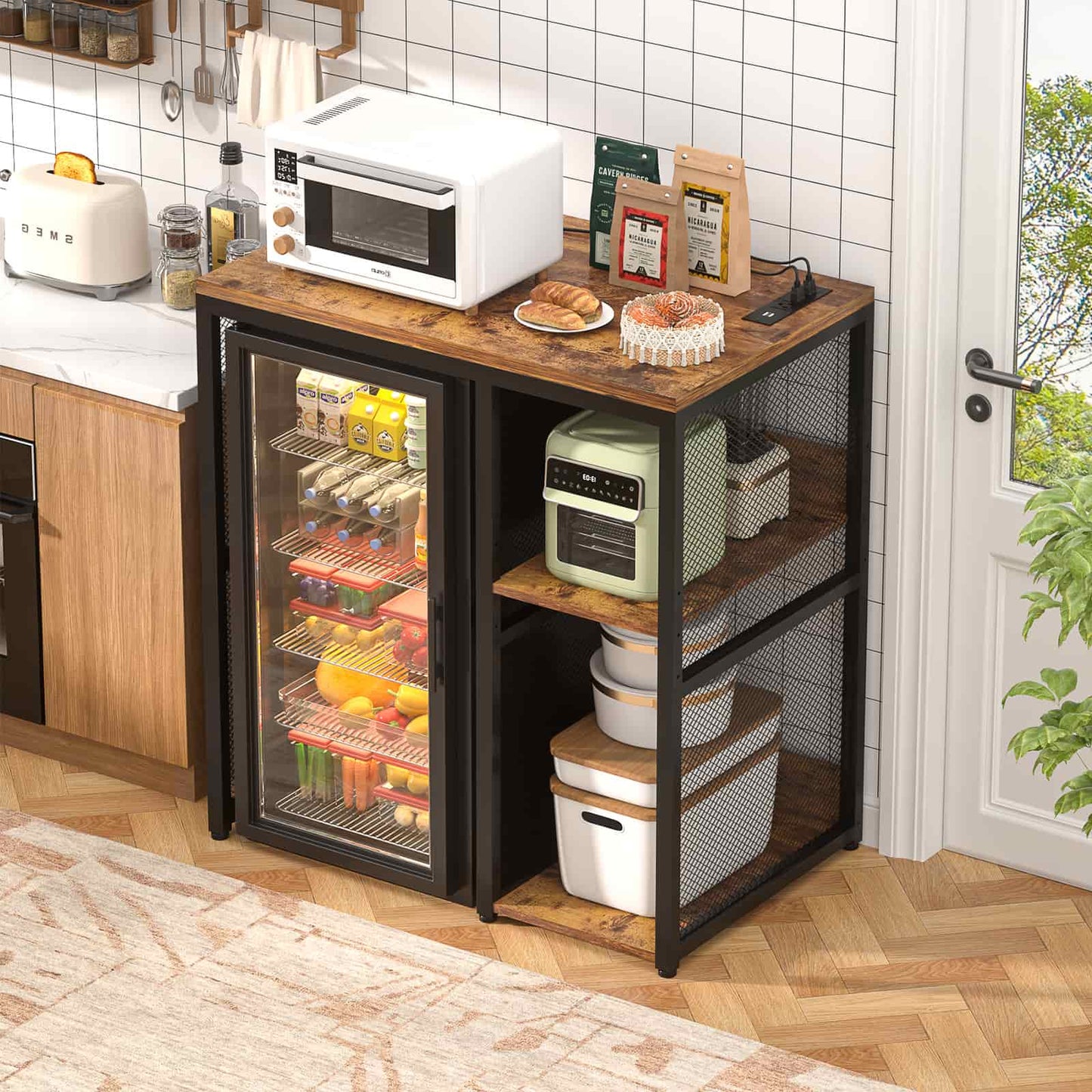Small Wine Bar Cabinet with Mini Fridge Space and Power Outlet