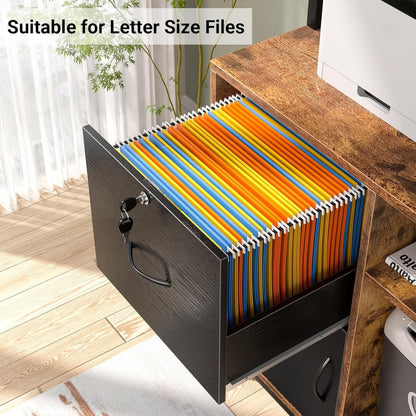 Vertical File Cabinet with Lock Wooden Drawers & Power Outlet, fits Letter Size