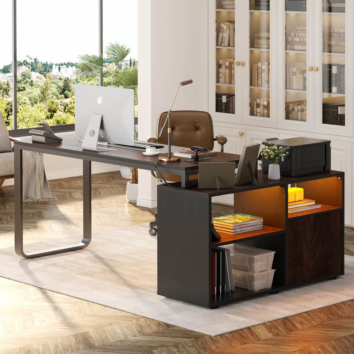 55'' L Shaped Desk with File Cabinet, Power Outlet, and LED Lights, Reversible