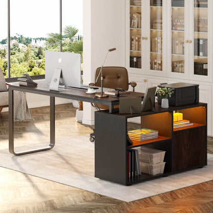 55'' L Shaped Desk with File Cabinet, Power Outlet, and LED Lights, Reversible