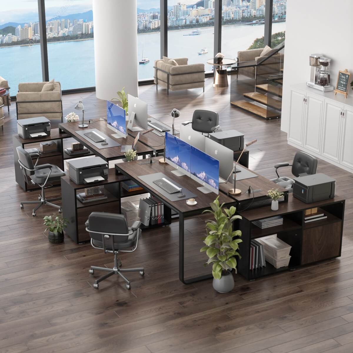 55'' L Shaped Desk with File Cabinet, Power Outlet, and LED Lights, Reversible