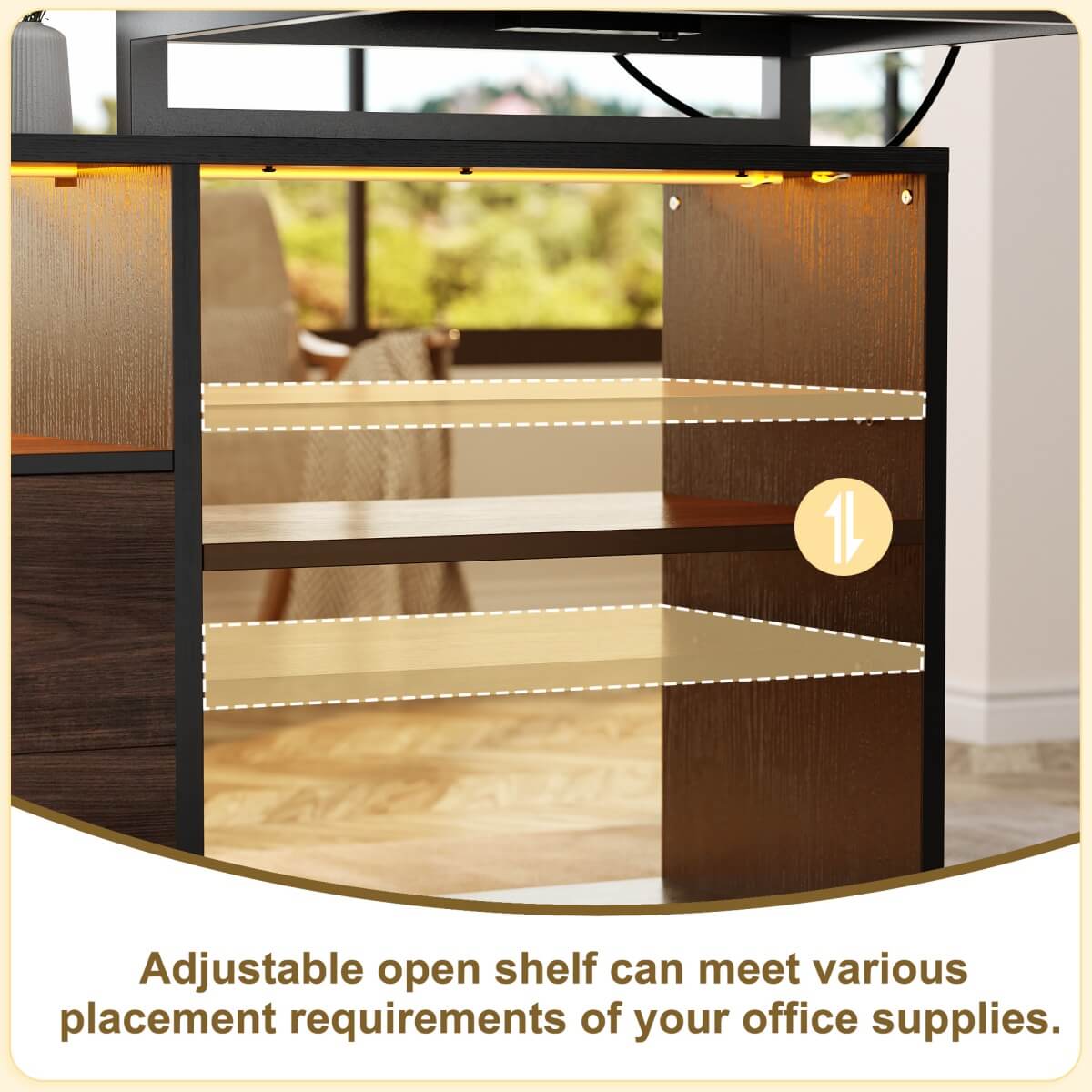 55'' L Shaped Desk with File Cabinet, Power Outlet, and LED Lights, Reversible
