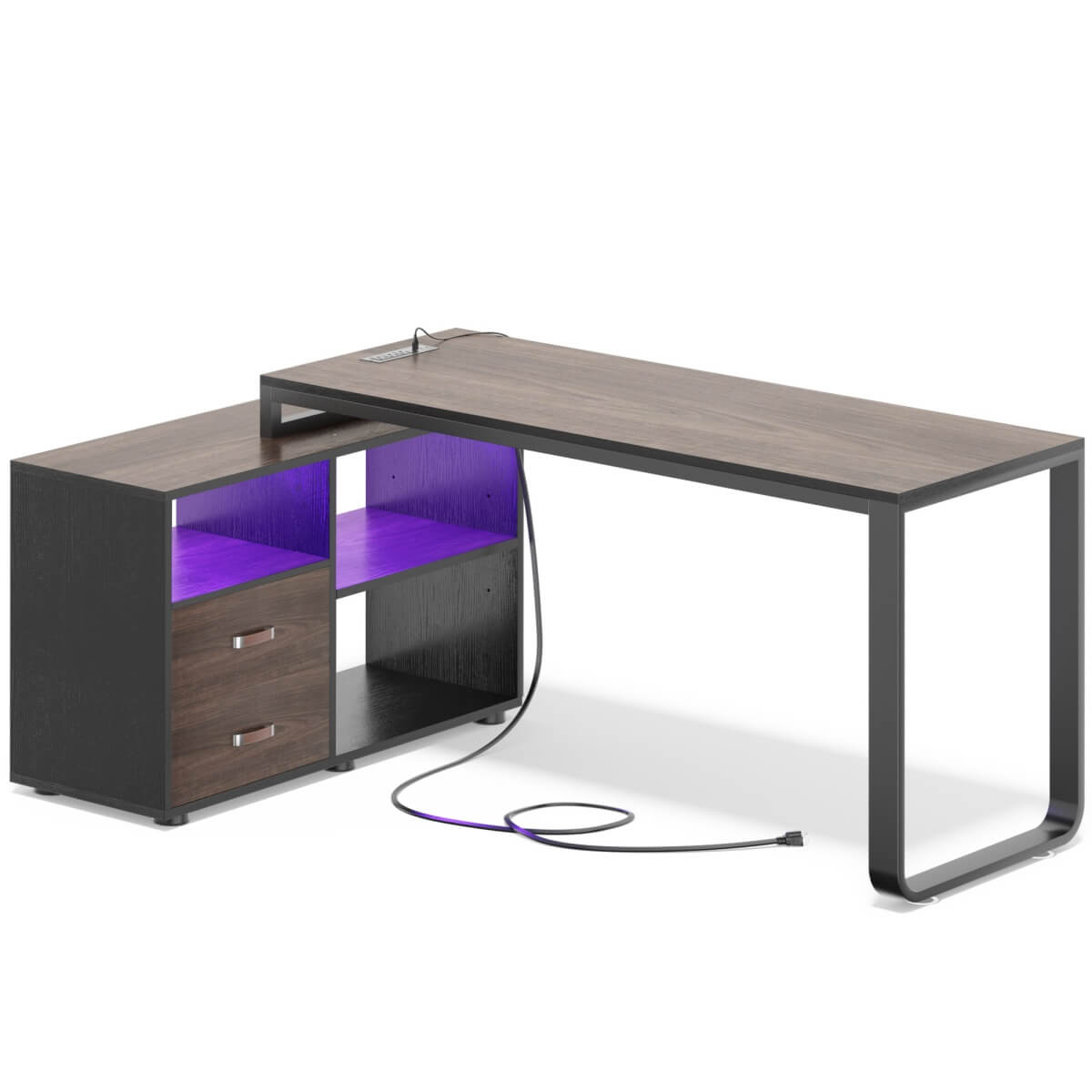 55'' L Shaped Desk with File Cabinet, Power Outlet, and LED Lights, Reversible