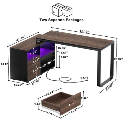 55'' L Shaped Desk with File Cabinet, Power Outlet, and LED Lights, Reversible
