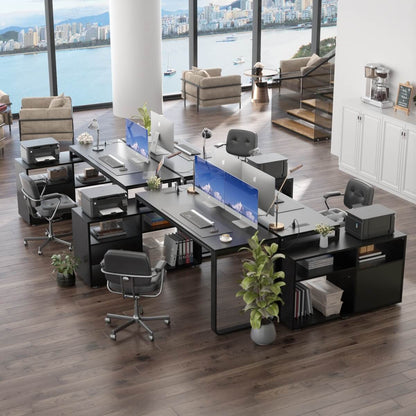 55'' L Shaped Desk with File Cabinet, Power Outlet, and LED Lights, Reversible