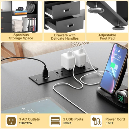 55'' L Shaped Desk with File Cabinet, Power Outlet, and LED Lights, Reversible